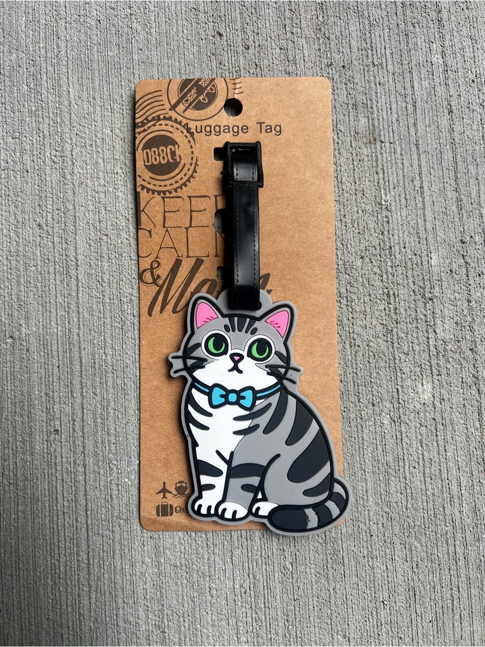 Cat Luggage Tag - Gray Tabby Cat with Blue Bow